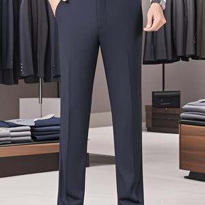 TEMU 남성용 신상 정장 바지, 봄 여름 가을 비즈니스 캐주얼 팬츠, 여름 스트레이트핏 바지, 주름 방지 고탄력, 하이웨이스트 디자인, 버튼 및 지퍼 클로저, 프로페셔널 스타일, 클래식 디자인, 고품질 장인 정신, 패셔너블한 남성 의류