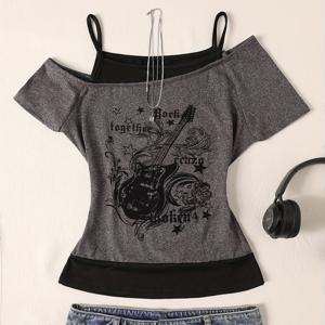 TEMU TX051920 방향성 여성용 오프숄더 투톤 회색 및 블랙 티셔츠, 볼드한 레터 프린트 및 중간 정도 신축성의 반팔