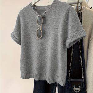 TEMU 여성용 우아한 캐주얼 블라우스 - 라운드넥 루즈핏 셔츠 탑, 비침 없는 사무실 및 일상용 중립색 상의 - 사계절 필수 아이템, 리브 디테일, 중간 신축성, 비투명 소재