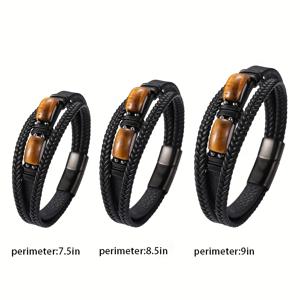 TEMU 호랑이 눈석 돌 3단 인조 가죽 로프 자석 걸쇠 팔찌, 재물, 부를 끌어들이고 악한 영향력을 방지하는 남성용 액세서리. 아버지, 남편, 남자친구, 아들, 손자 등을 위한 선물로 사용됩니다.