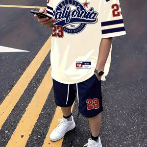 TEMU 컬러 블록 레터 프린트 남성 캐주얼 세트, 반팔 티셔츠와 쇼츠, 통기성 좋은 편안한 소재, 가족을 위한 완벽한 선물