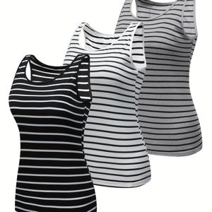 TEMU 스트라이프가 있는 블랙, 화이트, 그레이 여성용 탱크 탑 3종 세트 - 스타일리시한 디자인, 착용감 좋은 원단, 신축성, 편안함, 통기성으로 내부 및 외부 착용에 적합하며 봄/여름 선물로 완벽합니다.