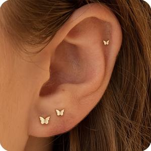 TEMU 2D 플랫, 여성용 소형 플랫 백 귀걸이 3개 세트 - 작은 나비 모양 저자극성 헬릭스 피어싱 귀걸이 연골 귀걸이