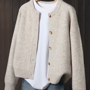 TEMU 여성용 가을-겨울 싱글버튼 캐주얼 가디건, 솔리드 컬러 소프트 라운드넥 코트