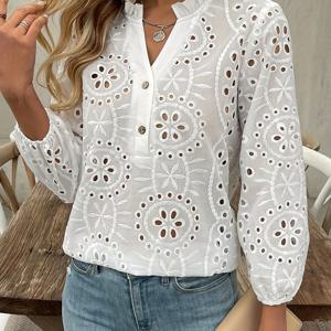 TEMU 우아한 여성용 V넥 블라우스, 프릴 트림 및 버튼 자수 - 긴 소매, 아이렛 레이스 디자인, 단색 화이트, 봄/가을에 완벽한 여성용 블라우스