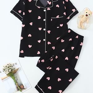 TEMU 여성용 투피스 잠옷 세트, 반팔 카디건 (레이블 디자인)과 긴 바지로 구성, 봄, 여름, 가을에 어울리는 스타일리시하고 귀여운 프린트