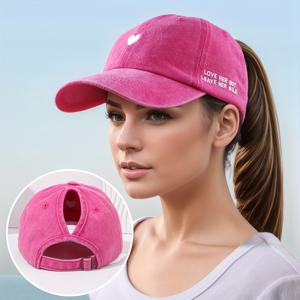 TEMU 1 여성용 하트와 글자 자수 디자인 포니테일 야구모자, 통기성 좋고 가벼운 봄/여름 스냅백 모자, 야외 활동, 여행, 휴가에 적합