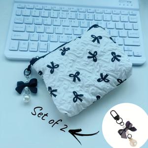 TEMU 2개 세트: 가방 + 펜던트, 인스타 스타일 주름 리본 메이크업 가방, 니치 디자인, 편리하고 스타일리시한 퀼팅 동전 지갑, 나일론 화장품 립스틱 정리함, 손세탁 가능, 우아한 화장품 보관함, 휴대용 데일리 및 여행용 콤팩트 클러치, 여아용 귀여운 선물