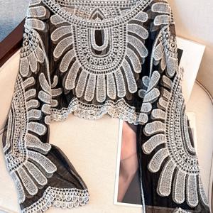 TEMU 여성용 자수 업 여름 반투명 긴팔 라운드넥 블라우스 - 기하학적 탑, 비치웨어, 풀사이드 & 레이어링용 (손세탁/건조) - 우아한 스페셜 라인