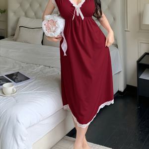 TEMU 여성용 우아한 솔리드 컬러 레이스 트림 V넥 민소매 나이트가운