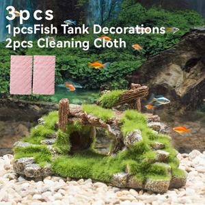 TEMU 재미있는 수족관 장식 3종 세트, 수중 이끼 다리 1개와 물고기 동굴 장식, 수족관 청소 천 2개 포함 - 내구성 ABS 수지 인공 암석과 자연 이끼 액센트, 수족관, 거북이 서식지 및 워터 피처 조경에 적합, 수족관 풍경 | 자연스러운 다리 | 질감 있는 표면 마감, 거북이 탱크