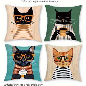 TEMU 2D 플랫 - 안경을 쓴 고양이 디자인의 2D 플랫 프린트 베개 커버 4개입, 폴리에스터 섬유 재질, 단면 인쇄, 베개 속통 미포함. 가을, 추수감사절 등에 적합하며 거실 소파에 배치 가능