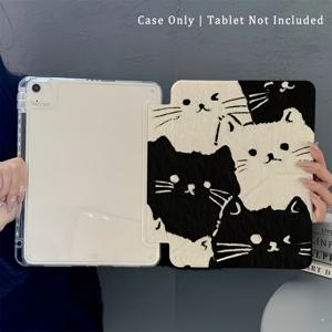 TEMU 1개 패션 블랙 앤 화이트 고양이 패턴 Y자형 플립 스탠드 펜 슬롯 미끄럼 방지 아이패드 보호 케이스, 접이식 미끄럼 방지 조절식 스탠드 킥스탠드 유연한 보호 케이스