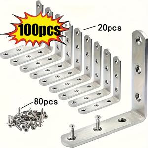TEMU 100개 세트 직각 코너 코드 L자형 스테인리스 고정 브래킷, 나사 포함 20개 코너 코드 + 80개의 나사, 가구 연결 부품, 철제 강화 코너 브라켓