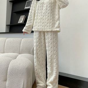 TEMU 청소년용 겨울 플리스 파자마 세트, 단색 지퍼업 캐주얼 라운지웨어