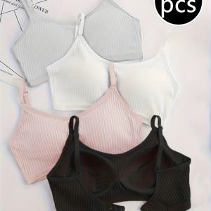 TEMU 여성용 비스코스 레이온 속옷 브라 4개, 줄무늬 및 단색, 조절식 肩끈이 있는 편안하고 심플한 통기성 패드 브라 1개, 스포츠 및 요가용