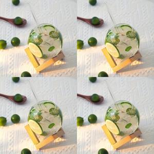 TEMU 나무 스탠드 포함 원형 스트로우 컵 4개 세트, 아트 볼 컵, 여름 음료용 창의적인 달 모양 유리 컵, 칵테일 글라스, 축제 파티 식기, 친구를 위한 선물