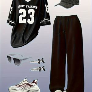 TEMU 여성용 투피스 세트, 봄 여름 가을 심플 드로스트링 루즈 조거 팬츠와 Y2K 아메리칸 레트로 메쉬 반팔 피트니스 티셔츠