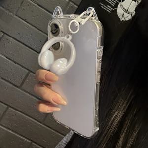 TEMU 아이폰 16E 15 14 프로 맥스 13 11 12용 귀여운 고양이 귀 투명 휴대폰 케이스, 충격 방지 이어폰 펜던트 디자인, 일상 사용 보호 커버, 스타일리시한 가벼운 소재, 딱 맞는 핏, 고양이 애호가 및 패션 팬을 위한 보호 케이스