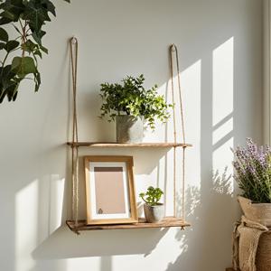 TEMU 2단 로프 부유형 나무 선반, 자연스러운 목재와 끈 디자인 – 거실, 침실 & 욕실용 공간 절약 수납 솔루션, 벽걸이 선반, 데코, 팜하우스 스타일, 내구성 있는 원목 제작, 장식 선반, 아파트 주민을 위한 홈 오거나이저