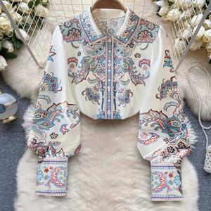 TEMU 프렌치 스타일 랜턴 소매가 있는 우아한 여성용 블라우스, 스타일리시한 프린트 원단 특징. 데이트 나이트나 캐주얼 출퇴근에 완벽한 긴팔 셔츠. 아름다운 블라우스, 우아한 블라우스, 영한 블라우스, 긴팔 상의, 겨울 상의, 패셔너블한 블라우스, 예쁜 소녀스타일 상의 YD88