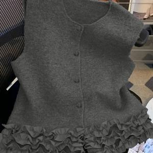 TEMU 스프링 신상 여성용 조끼, 패셔너블, 다용도, 우아한, 겉옷, 나무 귀 헴, 레이스 조끼, 짧은 단색 탑, 고급 조끼, 웨이스트코트 겉옷