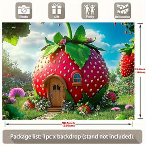 TEMU 싱글 딸기 하우스 파티 배너 - 생생한 딸기 장면이 특징인 장난기 넘치는 폴리에스터 배경막, 생일 축하 및 방 장식, 소품, 파티 배경에 적합