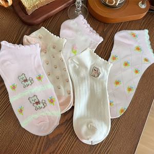 TEMU 여성용 연한 핑크 레이스 편안한 캐주얼 발목 양말 5켤레