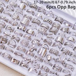 TEMU 화이트웨어 6개/팩 남성 반지 패션 우아한 레트로 스타일 남녀 공용 반지 스테인리스 스틸 유압 공정 사이즈 17mm - 20mm 은색 색상 하트 잎꽃 별모양 기하학적 모양 디자인 파티 선물 혼합 손가락 반지 세트