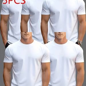 TEMU 남성용 퀵 드라이 경량 반팔 티셔츠 5종 세트, 라운드넥, 단색, 통기성, 사이클링, 야외 활동, 헬스, 러닝에 적합|짐웨어