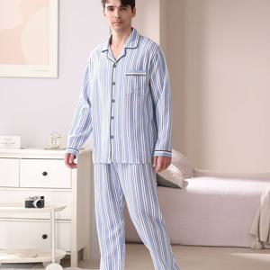 TEMU 남성용 신상 패션 캐주얼 수면복 세트 (턴칼라 가디건, 버튼 긴팔 & 바지) 2피스