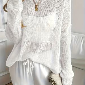 TEMU 여성 베이지 반투명 스웨터 - 오프숄더/원숄더 탑, 가볍고 속이 빈 디자인으로 봄, 여름에 적합, 캐주얼 및 포멀 웨어를 위한 우아하고 스타일리시한 루즈핏, 오프숄더 스타일이 있는 데일리룩에 완벽