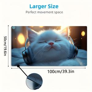 TEMU 귀여운 헤드폰 낀 흰 고양이 디자인의 대형 E스포츠 게이밍 마우스 패드 1개, 미끄럼 방지 및 세탁 가능한 고무 베이스, 오버사이즈 책상 매트 사무실 책상 액세서리, 컴퓨터 장식 액세서리, 얼룩 방지 데스크탑 게이밍 마우스 패드, 게이머를 위한 이상적인 선물, 특대형 책상 매트, 스타일리시한 사무실 데스크탑 장식 및 학습용 액세서리