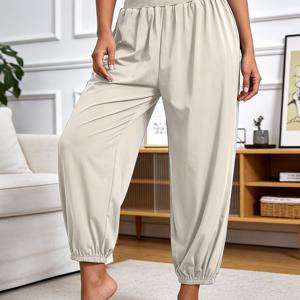 TEMU 여성 패션 멀티 니들 홈웨어 바지 편안한 멀티 니들 하이웨이스트 발목 묶음 롱 팬츠 단색 캐주얼 홈웨어 바지