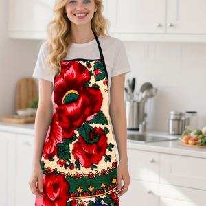 TEMU 1개 빈티지 플로럴 패턴 앞치마 - 레드 플로럴 클래식 디자인 - 풀 커버리지 주방 및 정원 가꾸기 앞치마 - 남녀공용 우아한 요리 앞치마 - 가정, 레스토랑 또는 선물용으로 이상적, 클래식 주방 의류, 내구성이 뛰어나고 튼튼함, 가정 요리사 필수품