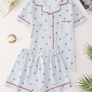 TEMU 편안한 잠옷, 반팔 반바지, 체리 체크 라펠, 여성 여름/가을 라운지웨어, 외출복으로도 착용 가능