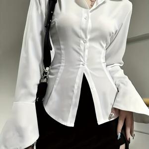 TEMU 세련된 여성용 긴팔 셔츠. 단색감을 연출하며, 독특한 뒷면 타이 및 앞면 버튼 장식이 돋보입니다. 핏이 잘 맞고 매력적이여서 소셜 모임 및 여행에 완벽합니다.