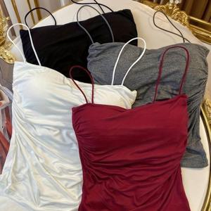 TEMU 여성용 우아한 플리츠 스트랩리스 조끼 4종 - 탄성 패딩, 단색 블랙/다크 그레이/라이트 그레이 버건디, 손세탁만 가능, 편안한 속옷, 간편한 관리 원단, 여성 레이스 조끼, 여성 브라 조끼, 서포트 캐미솔, 속옷 탑