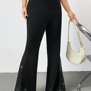 TEMU 플러스 사이즈 여성용 메쉬 플레어 팬츠, 스팽글 메쉬 패치워크 캐주얼 바지, 하이웨이스트 복부 보정, 힙업, 사이클링, PiYo, S & 레저용, 완벽한 선물