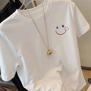 TEMU 여성용 기쁨의 얼굴 프린트 라운드넥 반팔 캐주얼 티셔츠