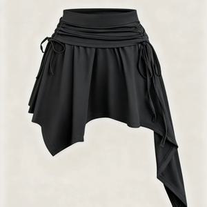 TEMU 우아한 여성용 하프 스커트 스타일 짧은 비대칭 밑단 허리 주름 미니 스커트, 소녀스러운 여성용으로 디자인, 봄/여름 캐주얼에 완벽