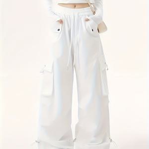 TEMU 여성용 카고 작업 바지, 봄/가을 하이웨이스트 멀티 포켓 레그 캐주얼 팬츠 - 신축성 허리밴드, 기계 세탁 가능, 휴대용 디자인