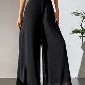 TEMU 플러스 사이즈, 여성용 우아한 와이드 레그 팬츠 - 시스루 레이스 패널, 더블 레이어 플로우 원단 (스트레치 없음) 사계절용 블랙 팬츠, 벨트 없는 허리 디자인, 캐주얼 & 포멀 웨어, 오피스부터 파티까지 어울리는 와이드 레그 팬츠 - 세탁기 사용 가능