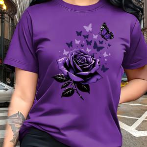 TEMU 여성용 캐주얼 티셔츠, 독특한 나비 패턴 프린트 티셔츠 - 장미 요소, 선물, 캐주얼 라운드넥 상의 - 통기성 좋고 가벼우며 편안함, 봄과 여름 옷장에 완벽