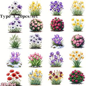 TEMU 수제 크리에이티브 레트로 정원 꽃, 식물, 수국, 백합, 모란 시리즈 2D 플랫 고품질 스티커 팩, 2D 플랫