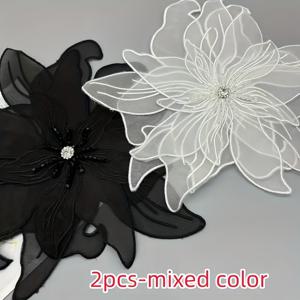 TEMU 2개 세트의 스타일리시한 플로럴 레이스 아플리케. 레이어드한 흑백 꽃과 진주 장식이 특징이며, 드레스 및 의류 장식, 재봉 자수 패치 및 추가로 적합합니다.