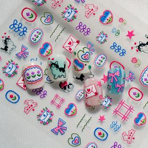 TEMU 새로운 카툰 네일 스티커, 엠보싱 레이저 기술, 귀여운 손그림 스타일, 고양이, 유리 풍경, 리본 등 심플한 패턴, 개인 DIY 및 네일 살롱 사용에 적합