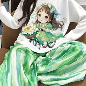 TEMU 새로운 가을/겨울 화이트 스웨트셔츠, 자전거 타는 캐릭터 프린트, 그린-화이트 그라데이션 타이다이 팬츠와 매치, 신선하고 아트리스틱한 스타일, 홈웨어 또는 캐주얼웨어로 적합. 여성용 가을/겨울