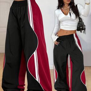 TEMU 여성 컬러 블록 패치워크 탄성 허리 패션 대비 넓은 다리 긴 바지