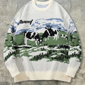 TEMU 신상 가을/겨울 남성용 심플 베이직 캐주얼 스타일 하늘 흰 구름 초원 소 패턴 영문자 청춘 크루넥 풀오버 스웨터